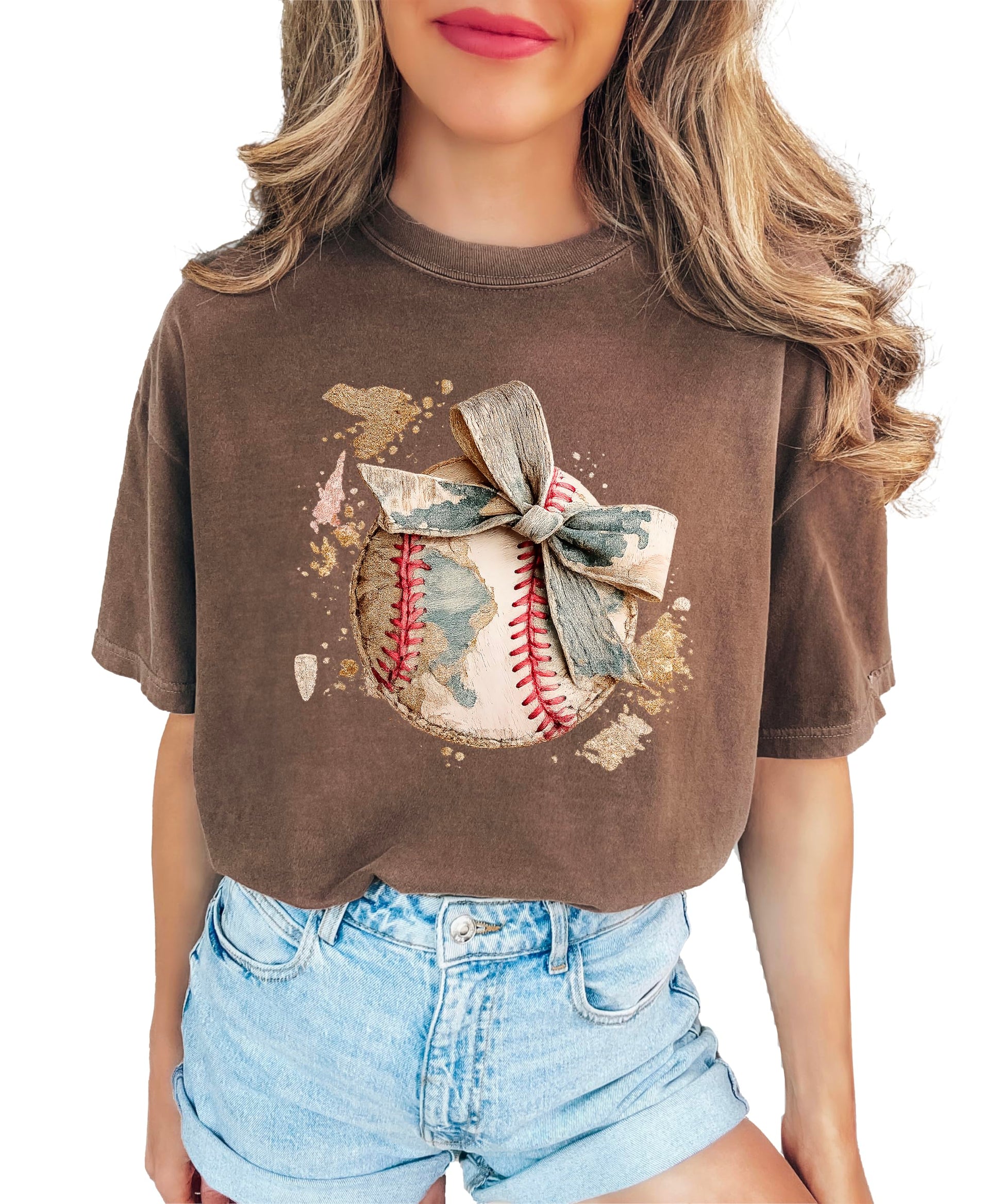 Close-up of baseball camo bow graphic print on women's t-shirt showing vintage distressed style