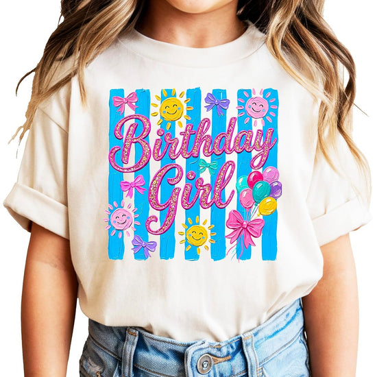Purple Birthday Girl graphic tee with painted glitter lettering, balloons, bows and sunshine design for toddler girls