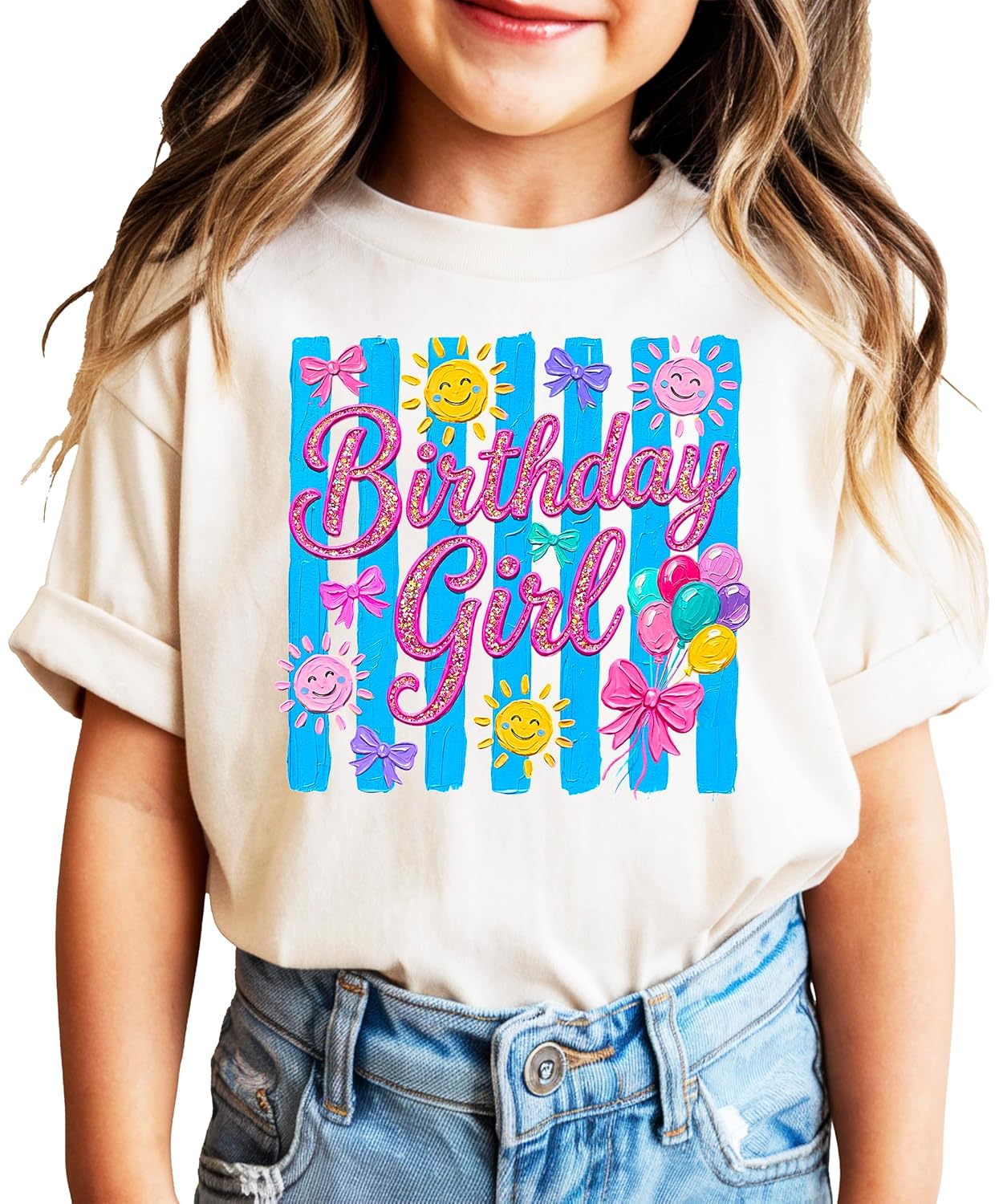 Purple Birthday Girl graphic tee with painted glitter lettering, balloons, bows and sunshine design for toddler girls
