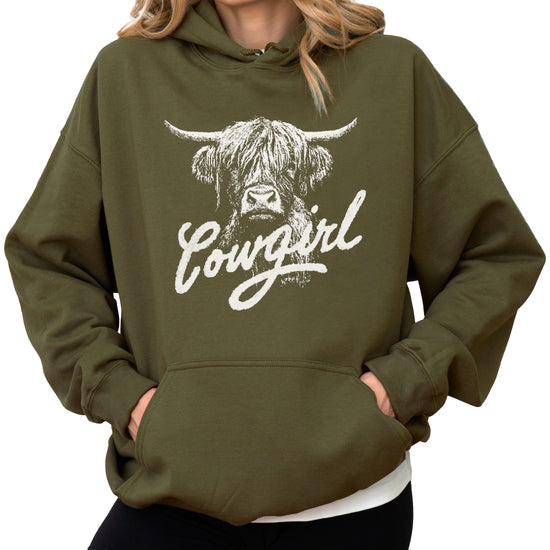 Cowgirl Highland Cow Hoodie - Army Green Hoodie - Olive Loves Apple