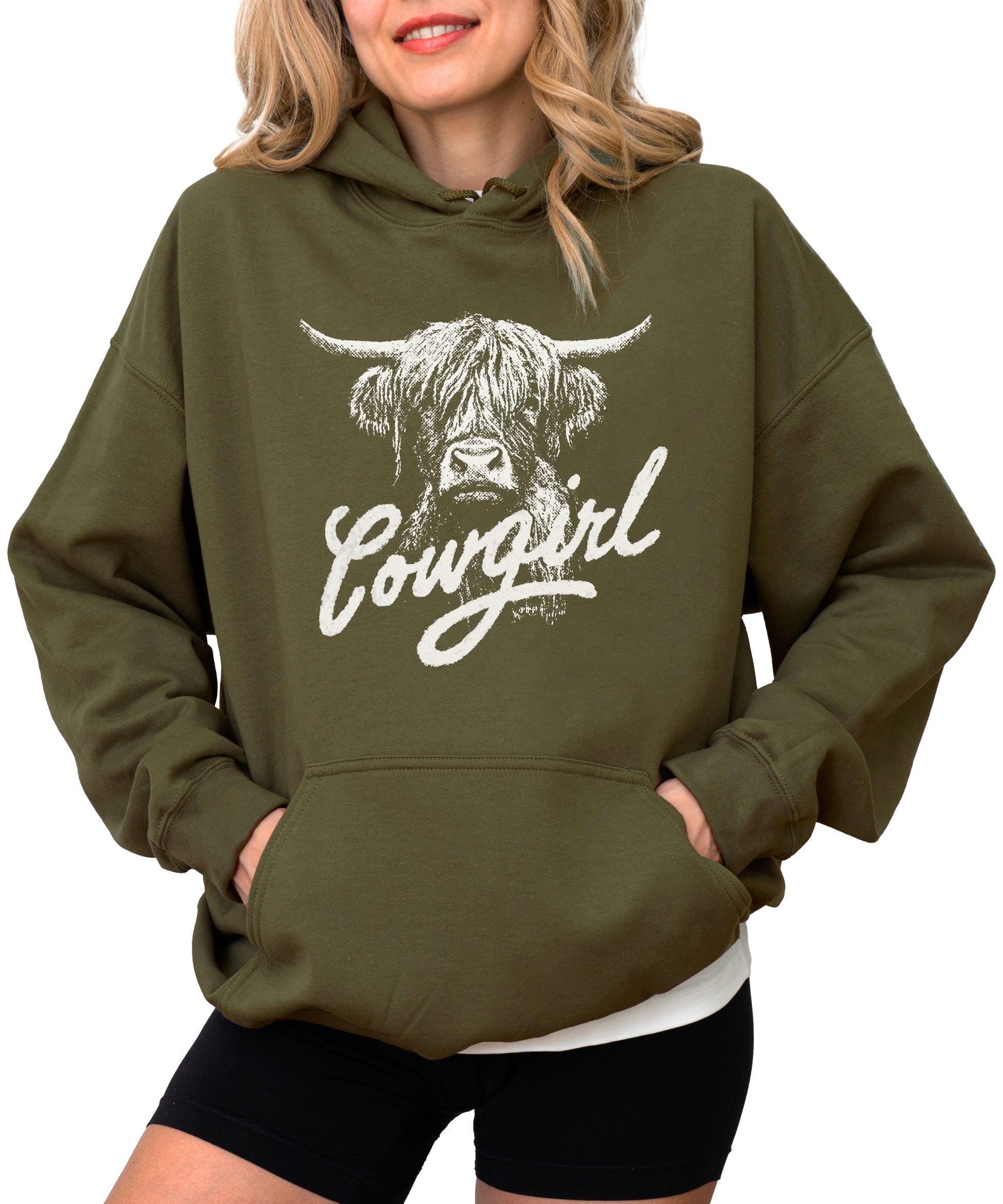 Cowgirl Highland Cow Hoodie - Army Green Hoodie - Olive Loves Apple