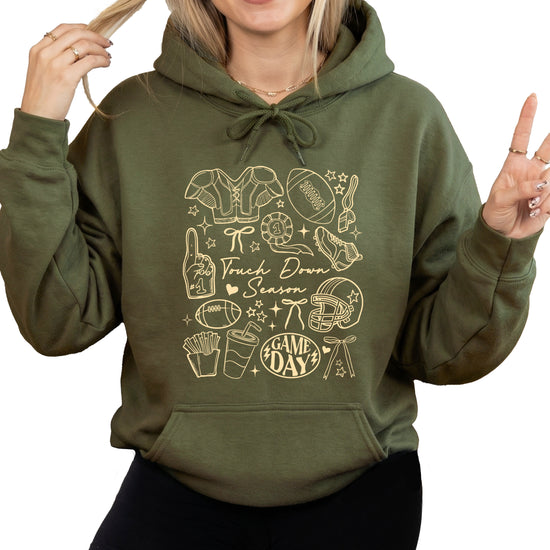 Army Green Touch Down Season football hoodie for women front view