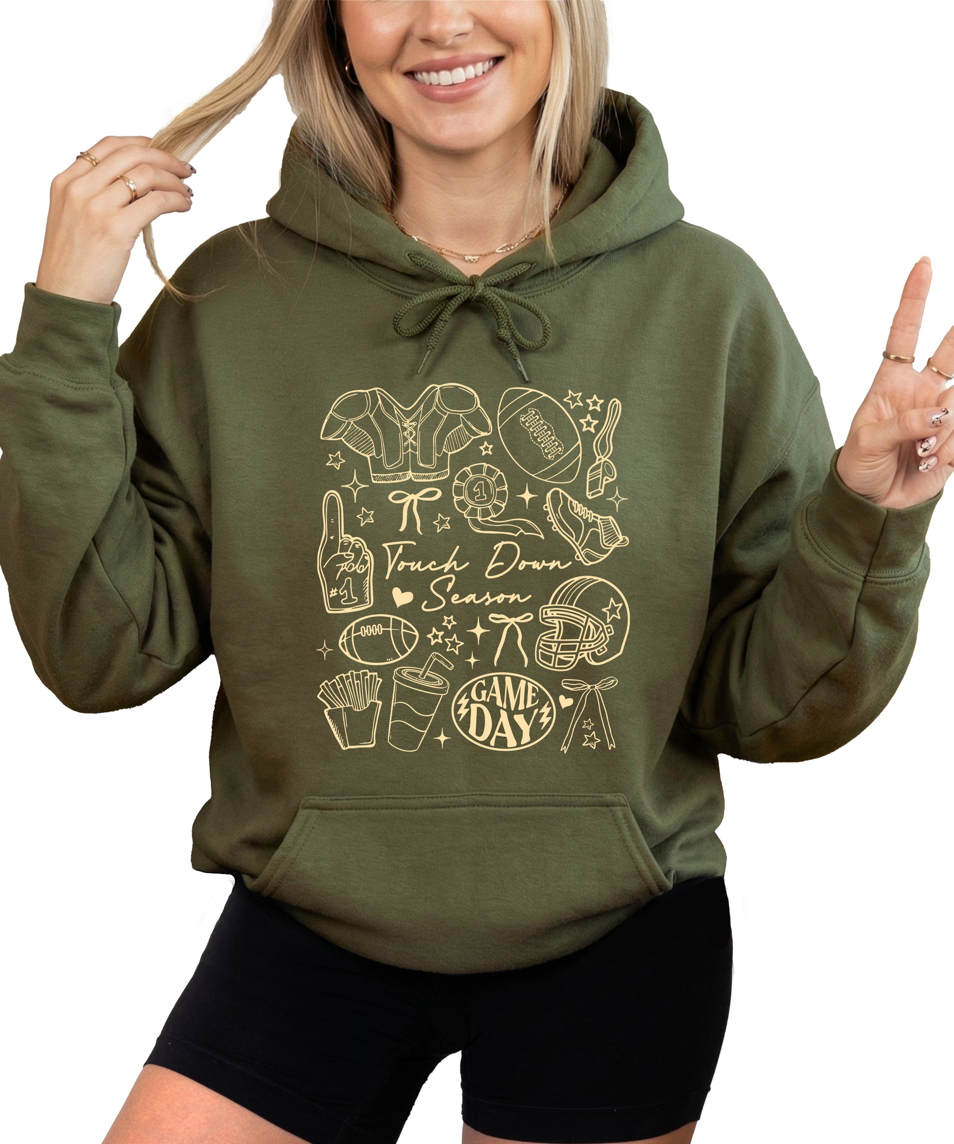 Army Green Touch Down Season football hoodie for women front view