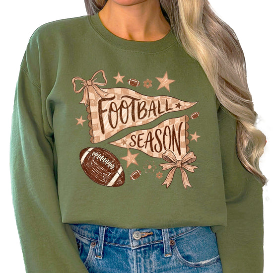 Football Season Coquette Bow Pennant Game Day Crewneck Sweatshirt - Army Green Sweatshirt view 1