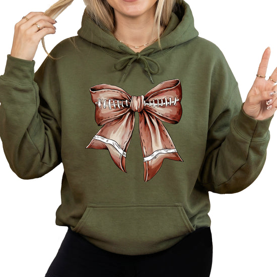 Football Coquette Bow fleece hoodie in Army Green - front view