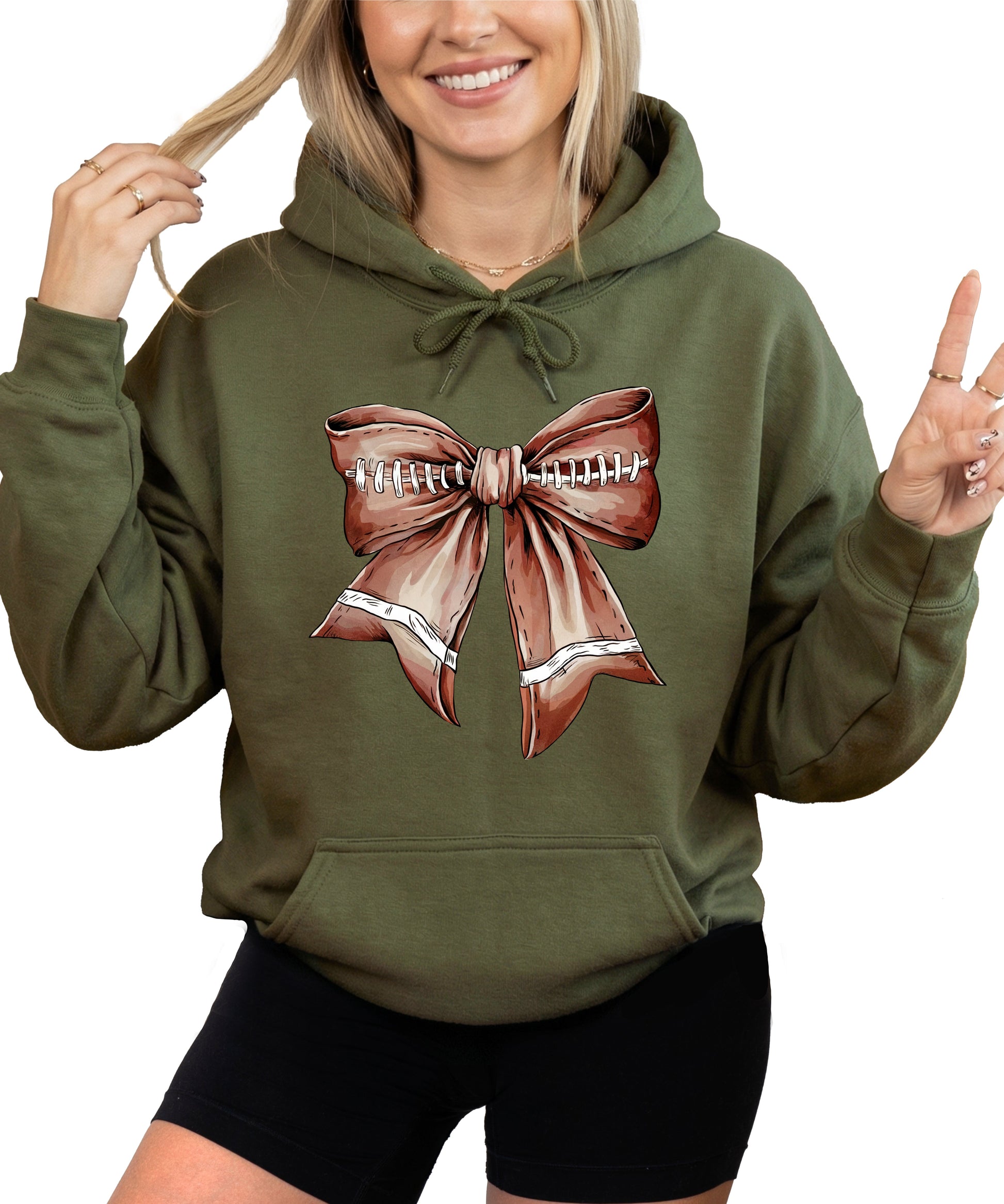 Football Coquette Bow fleece hoodie in Army Green - front view