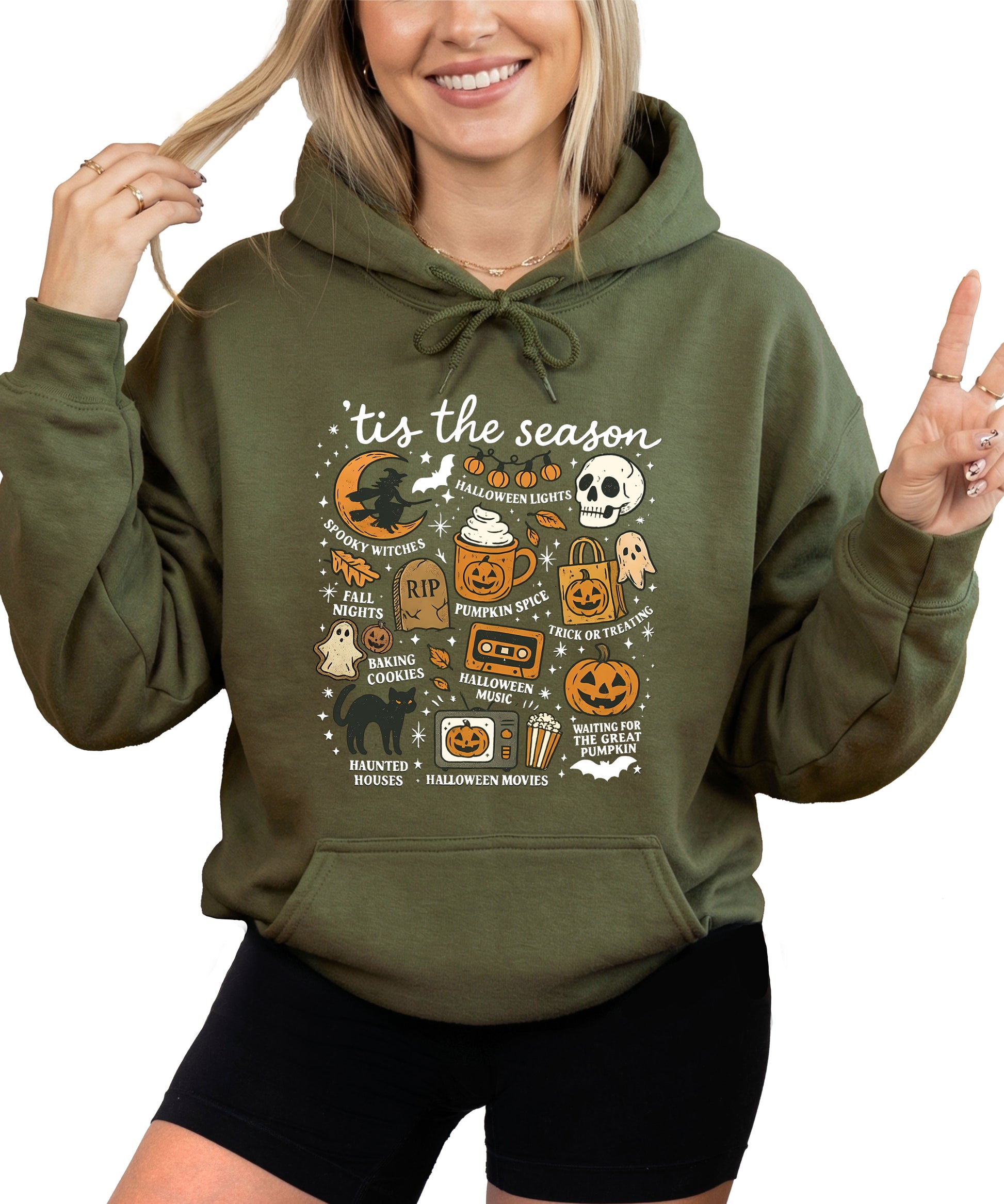 Tis The Season Halloween retro collage hoodie in Army Green - view 1