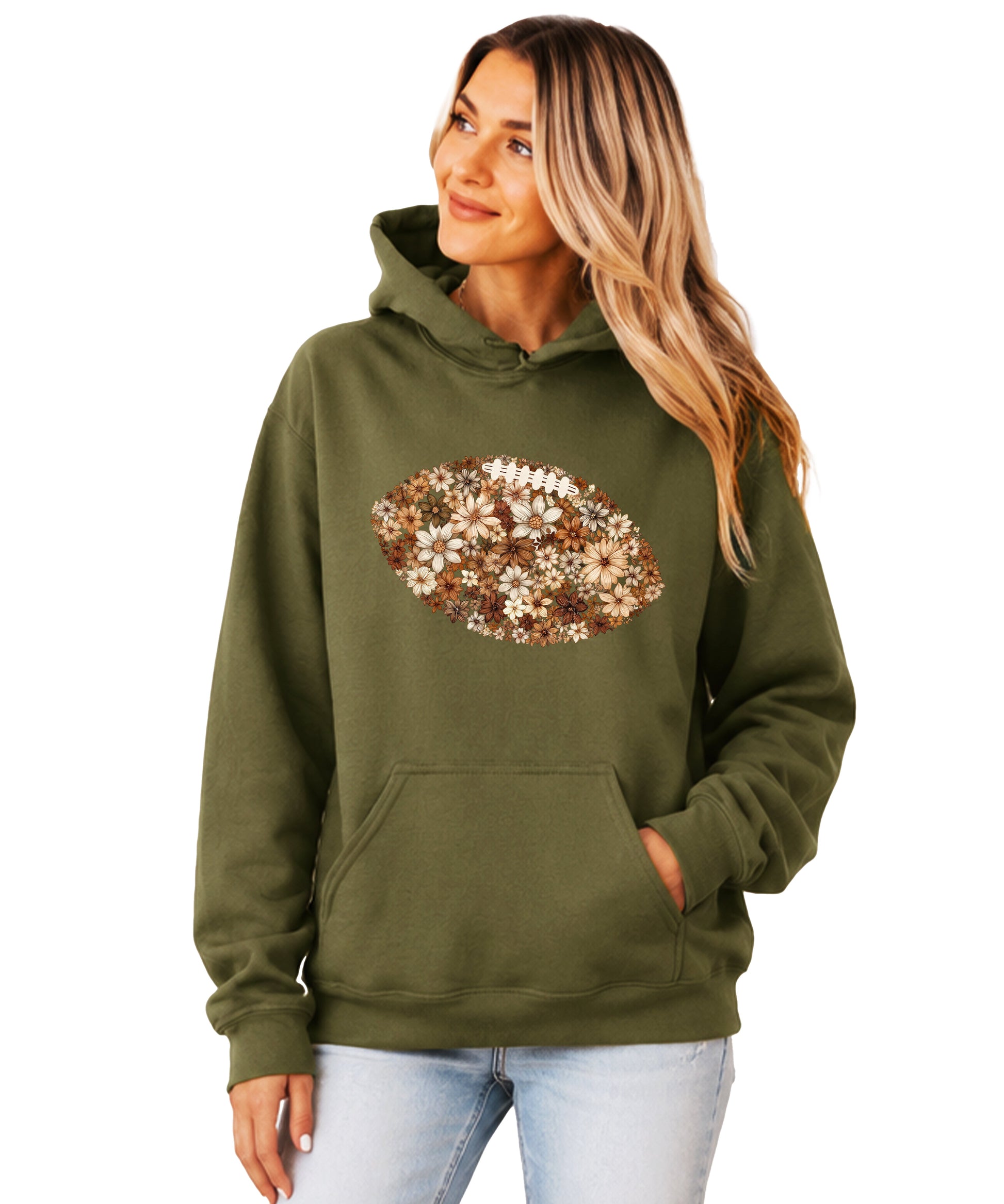 Floral Football Army Green Hoodie for Women - view 1