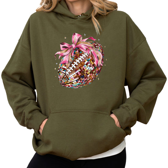 Disco Ball Football Coquette Bow Hoodie for Women, Army Green Hoodie, view 1