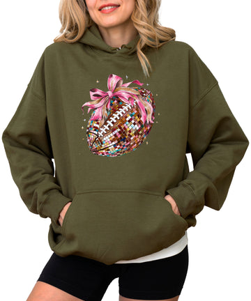 Disco Ball Football Coquette Bow Hoodie for Women, Army Green Hoodie, view 1