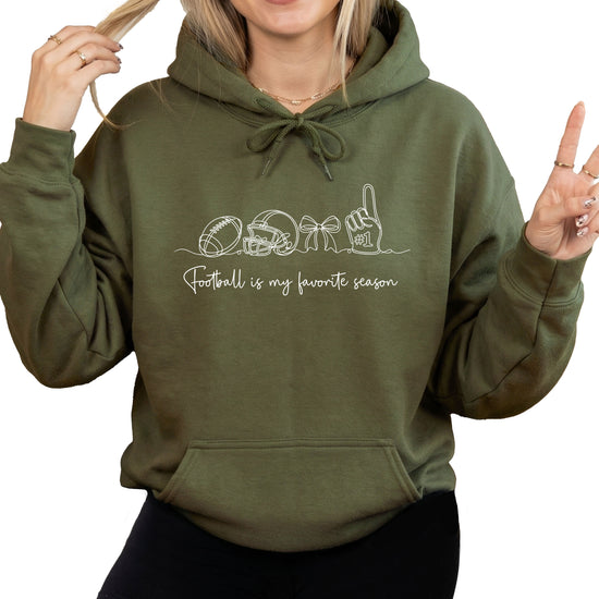 Army Green hoodie with Football is My Favorite Season coquette bow graphic, front view