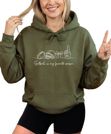 Army Green hoodie with Football is My Favorite Season coquette bow graphic, front view