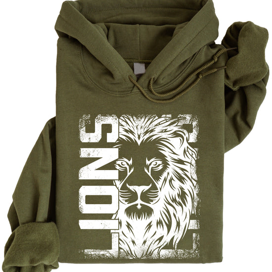 Lions School Spirit hoodie in Army Green - distressed lion mascot game day pullover sweatshirt, view 1