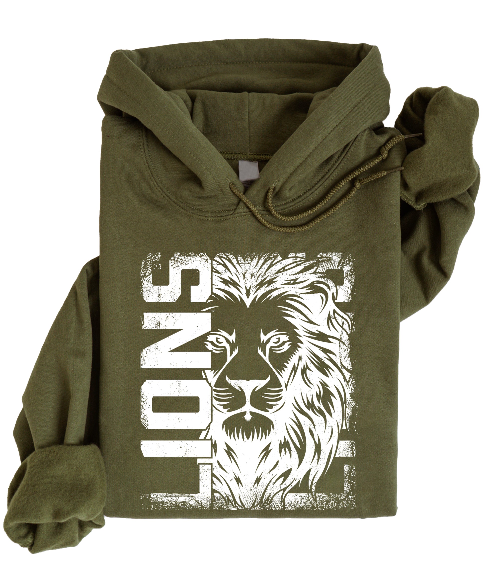 Lions School Spirit hoodie in Army Green - distressed lion mascot game day pullover sweatshirt, view 1