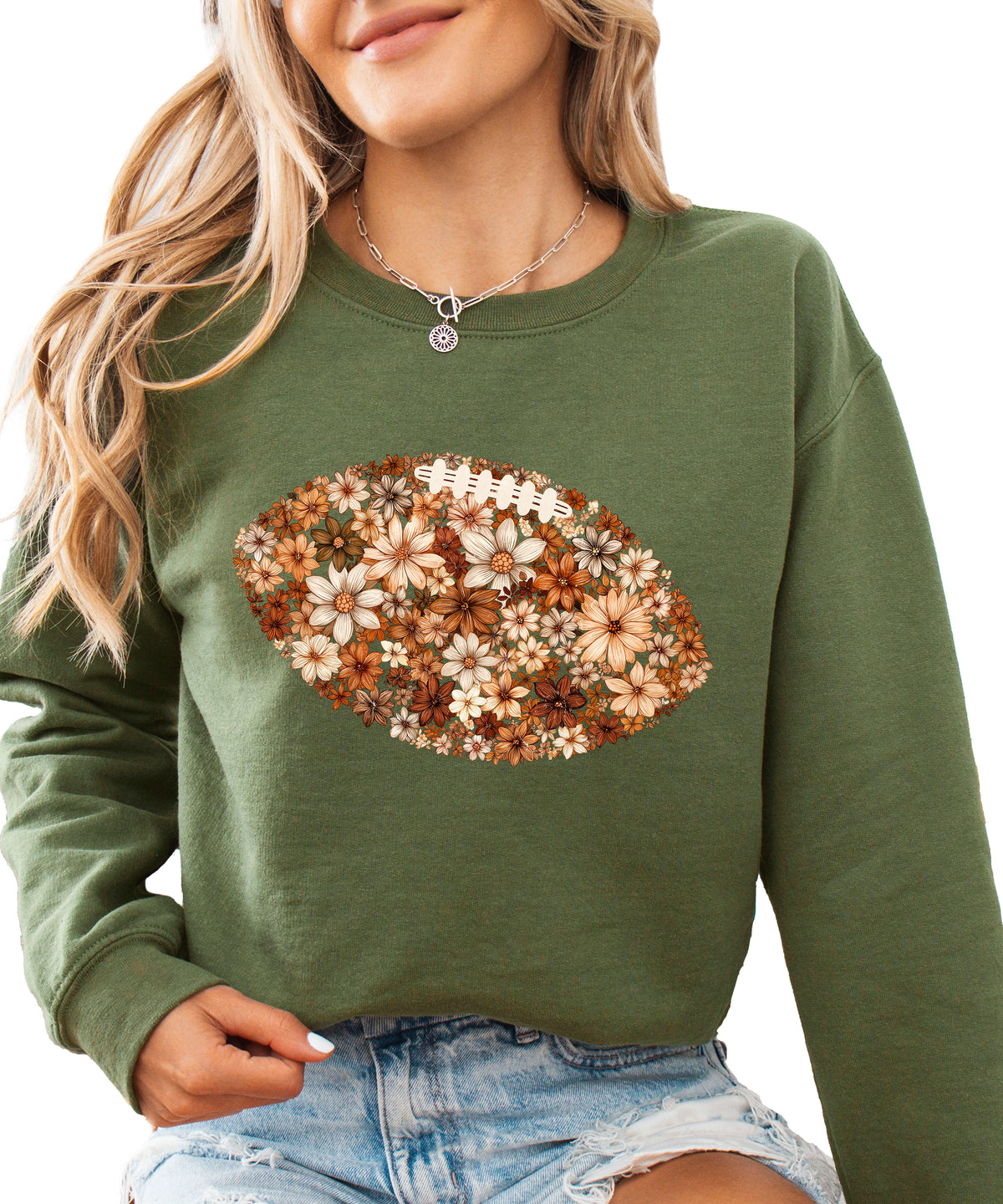 Floral football sweatshirt in Army Green, front view