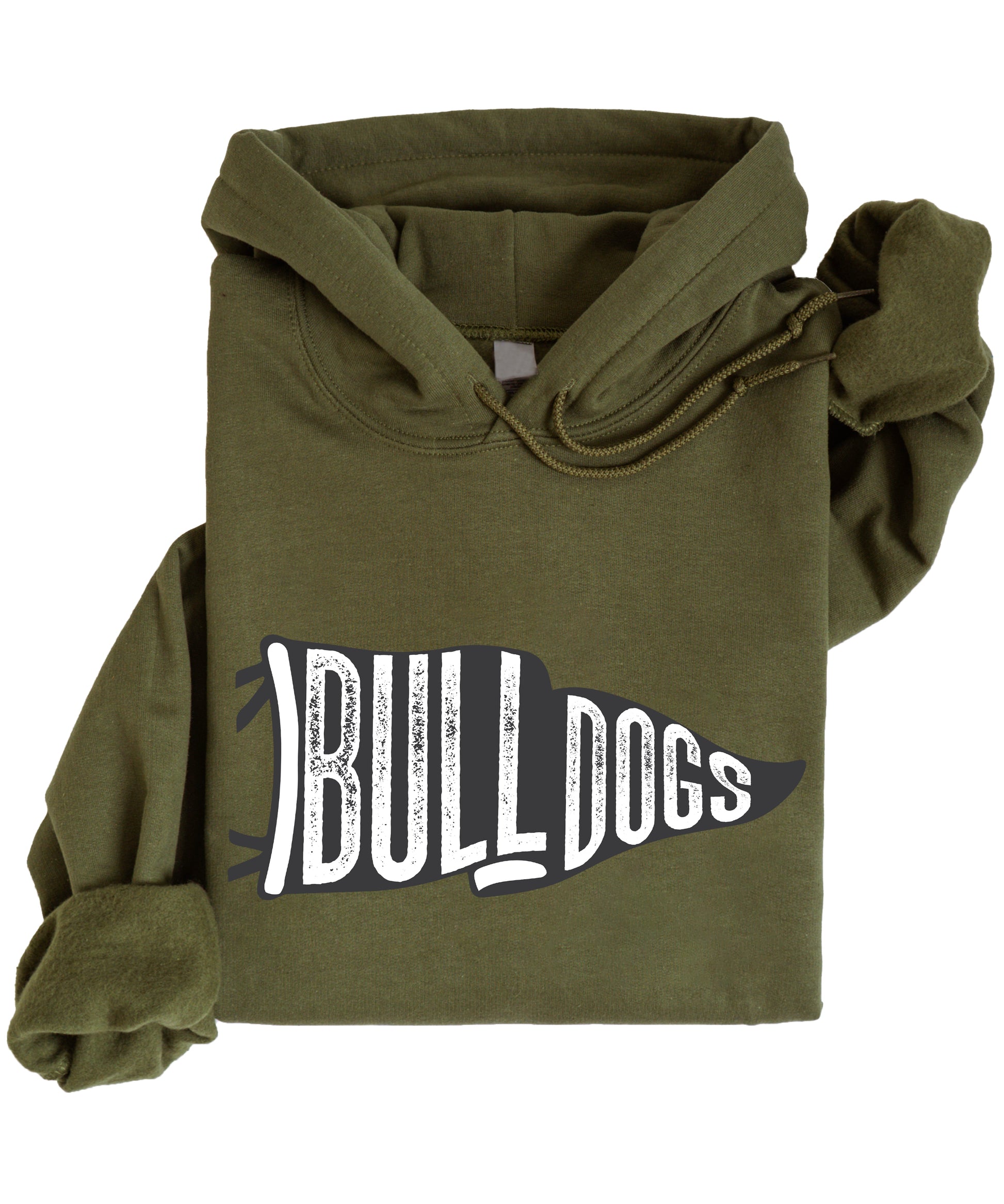 Army Green Bulldogs distressed pennant flag hoodie - front view