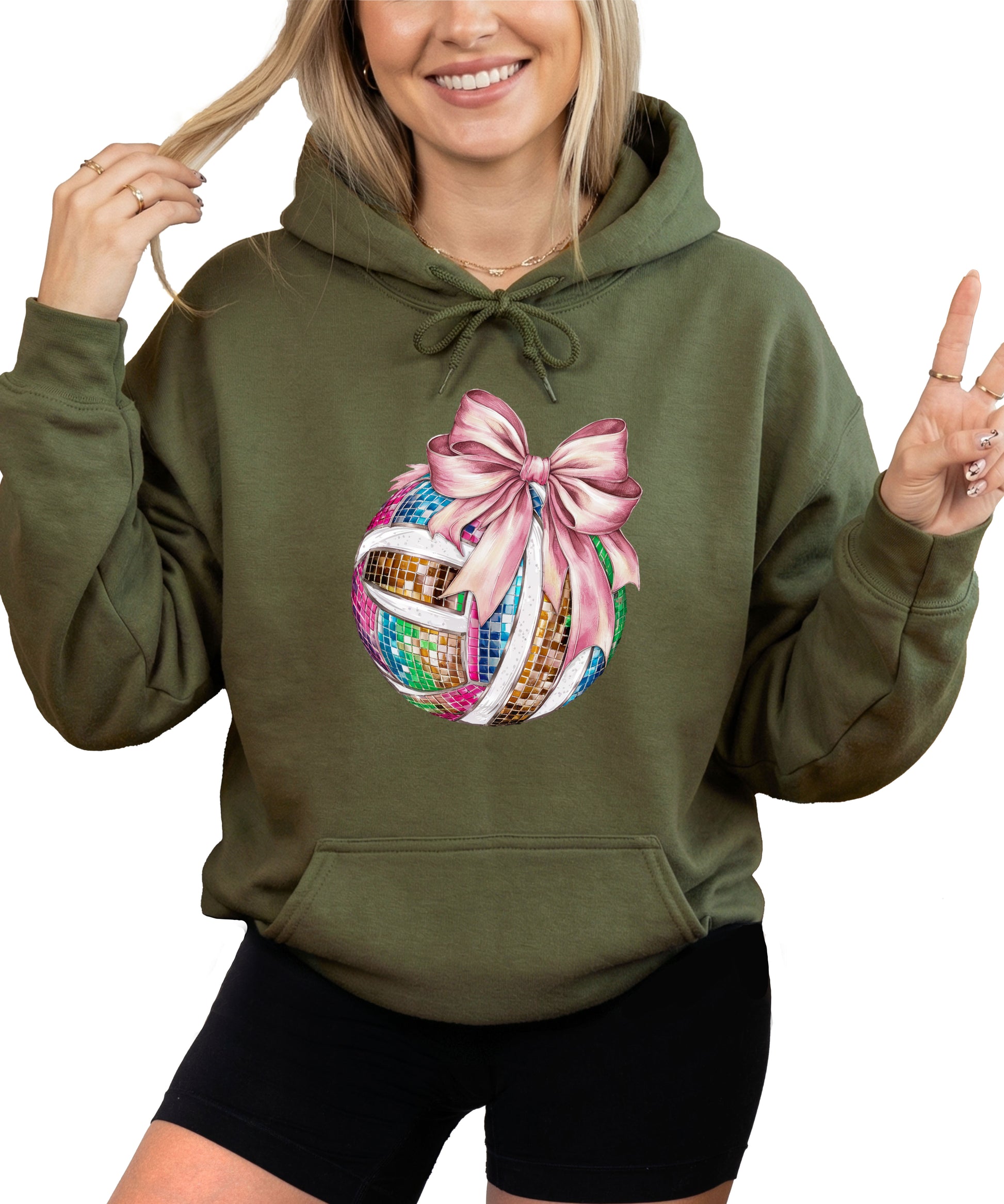 Disco Volleyball Coquette Bow Hoodie - Army Green - View 1