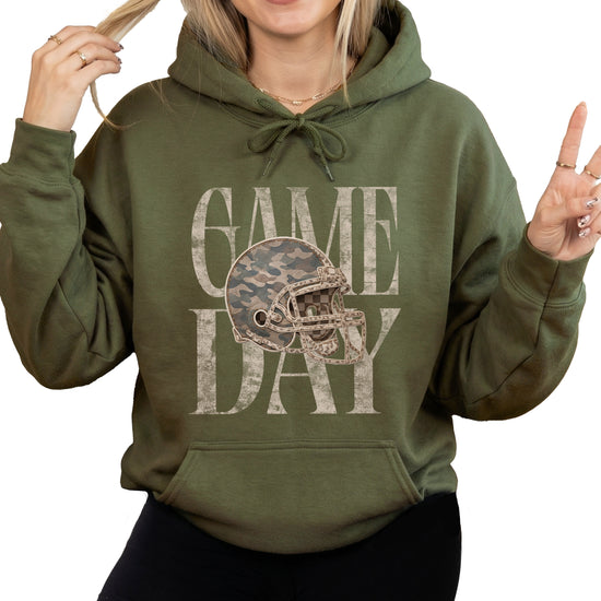 Game Day Camo football helmet hoodie in Army Green - front view