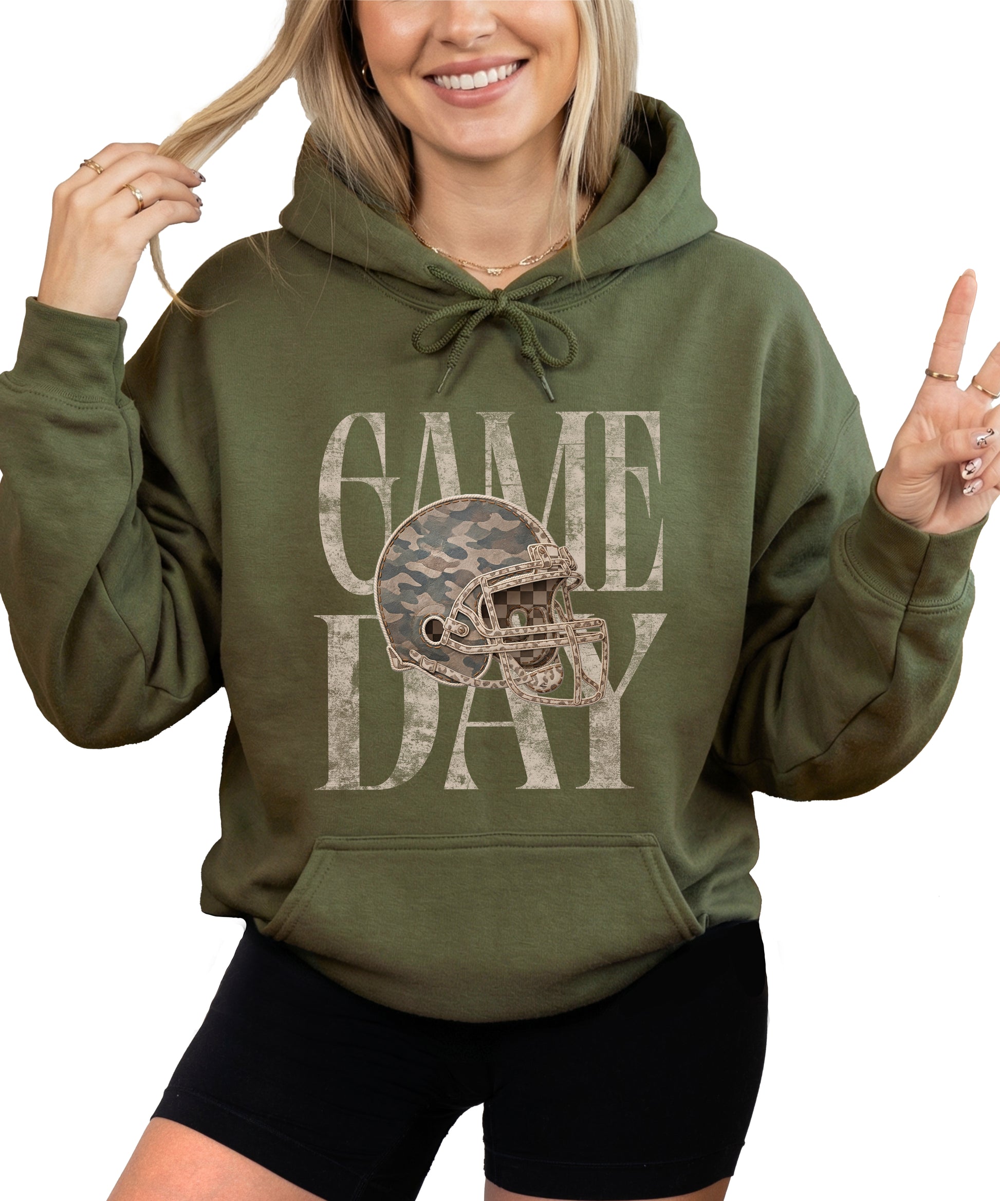 Game Day Camo football helmet hoodie in Army Green - front view