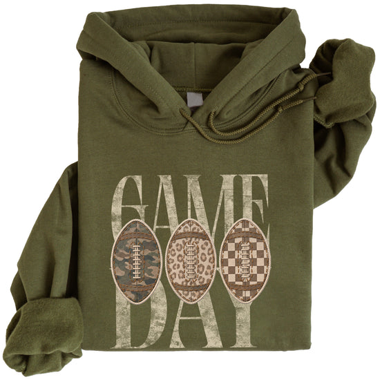 Army Green Game Day football hoodie, styled view