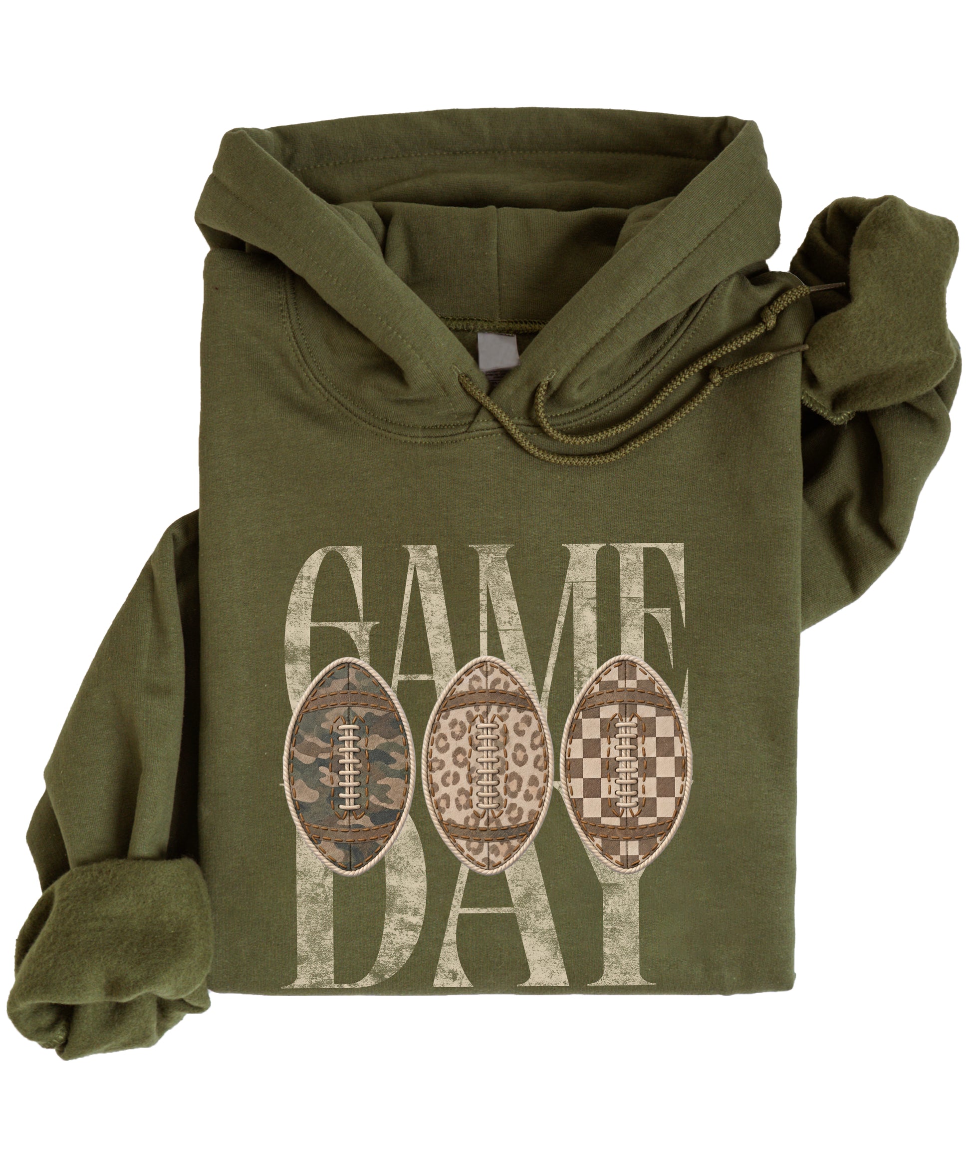 Army Green Game Day football hoodie, styled view