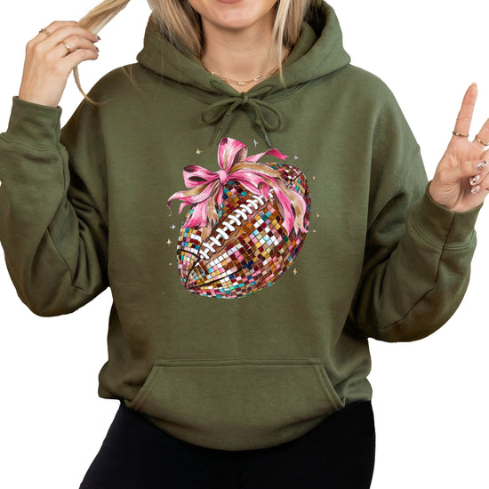 Disco Ball Football Coquette Bow Hoodie for Women, Army Green Hoodie, view 2