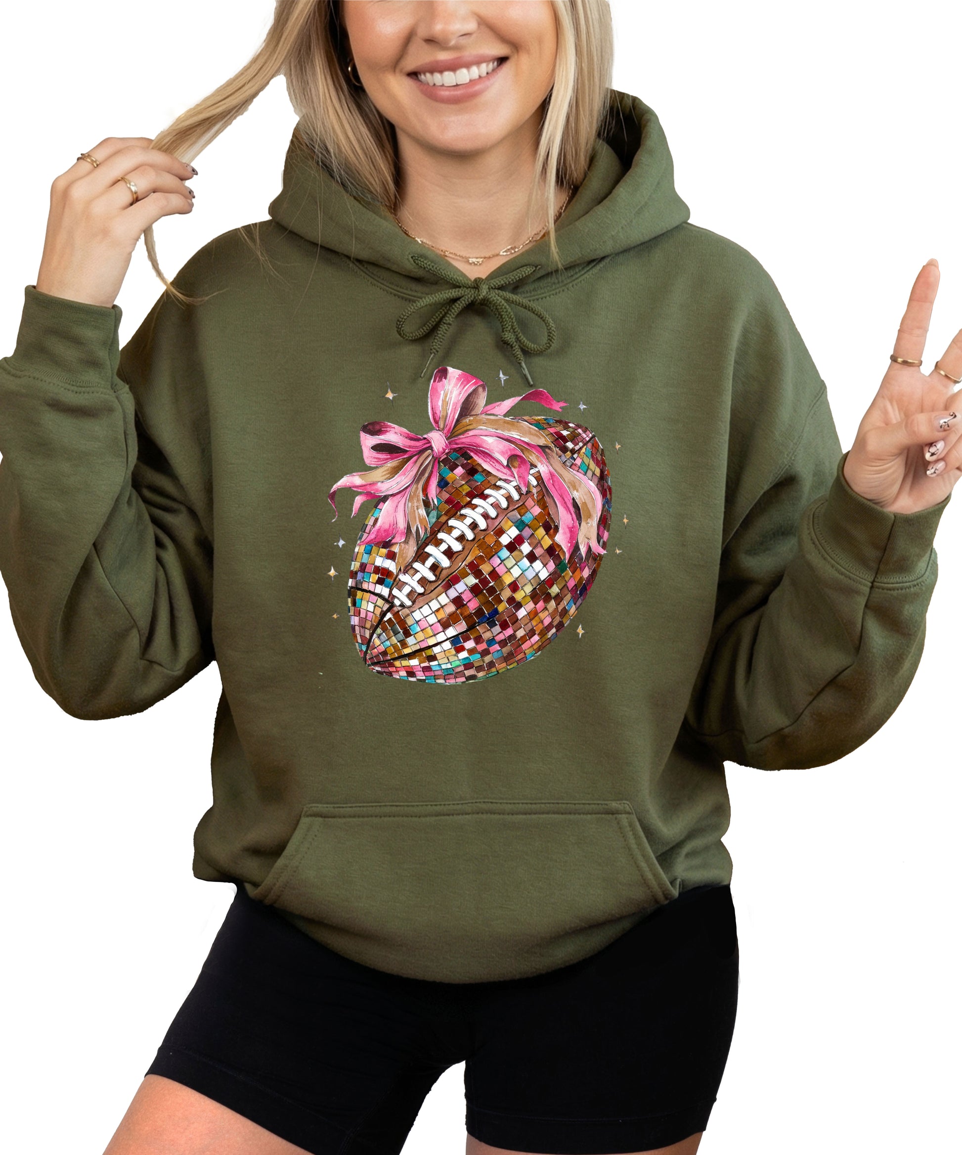 Disco Ball Football Coquette Bow Hoodie for Women, Army Green Hoodie, view 2