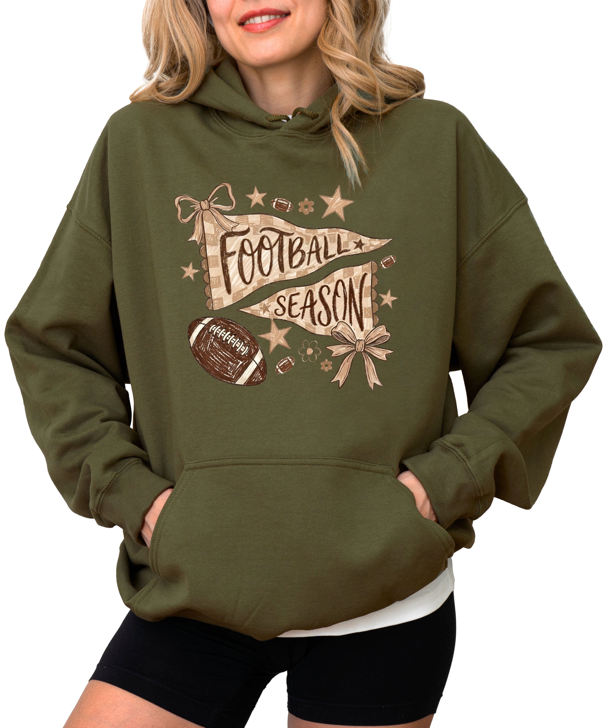 Football Season Coquette Bow Pennant Game Day Hoodie for Women - Army Green - view 2