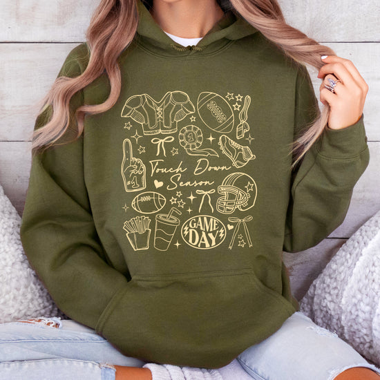 Army Green Touch Down Season football hoodie game day collage detail