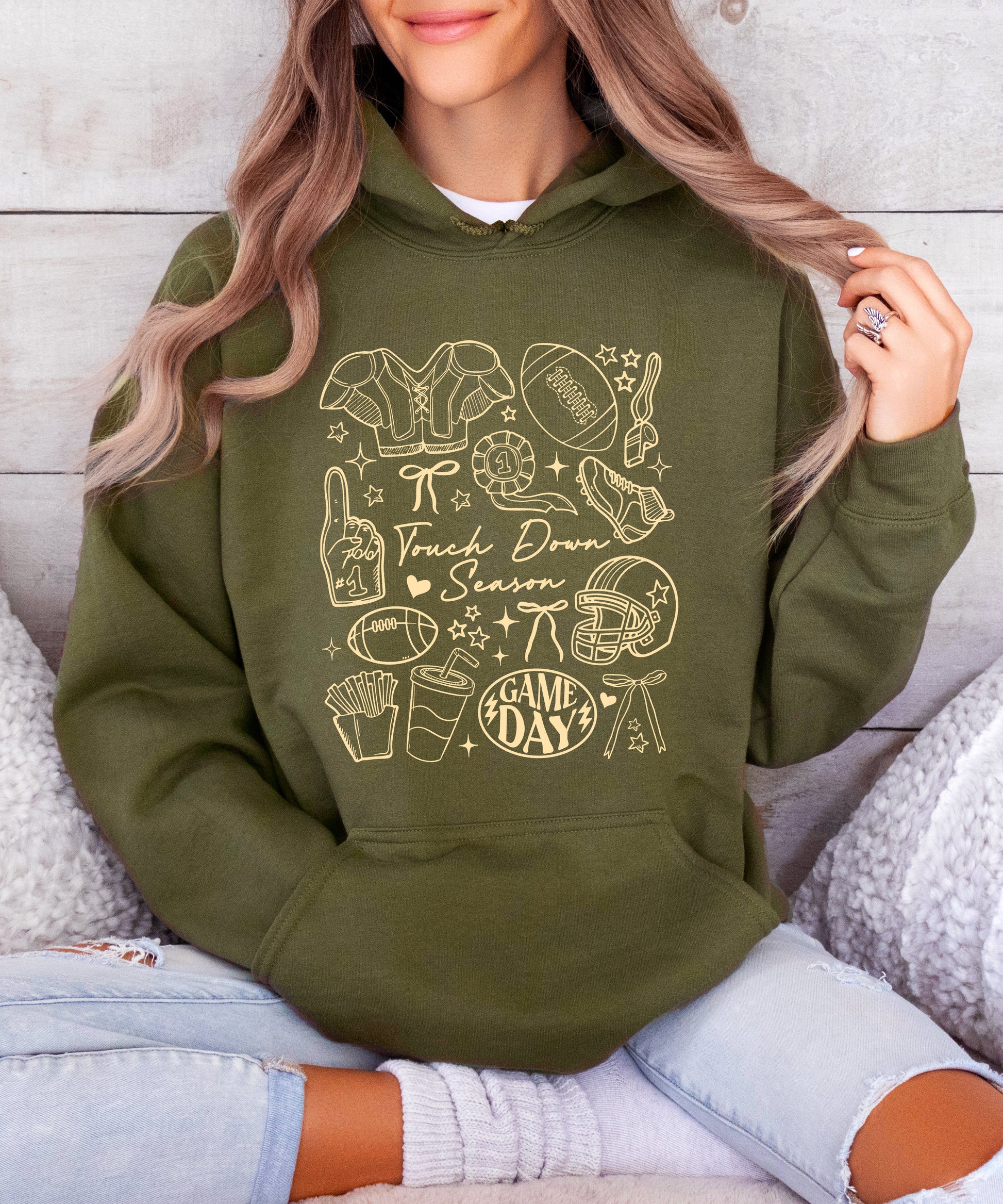 Army Green Touch Down Season football hoodie game day collage detail
