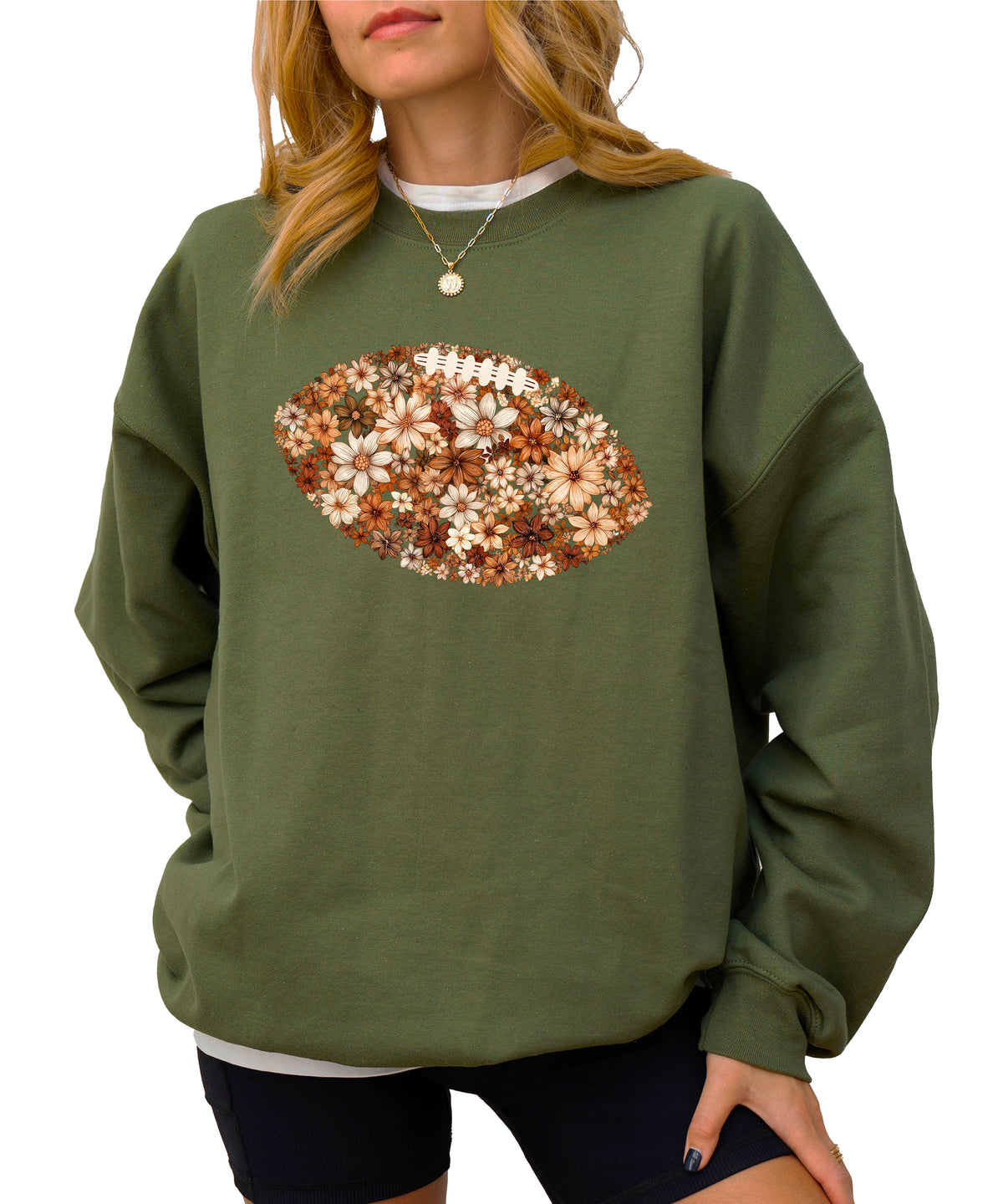 Floral football sweatshirt in Army Green, styled view
