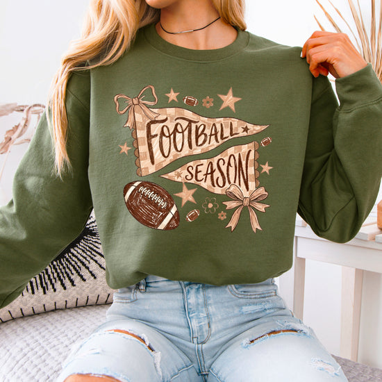 Football Season Coquette Bow Pennant Game Day Crewneck Sweatshirt - Army Green Sweatshirt view 2