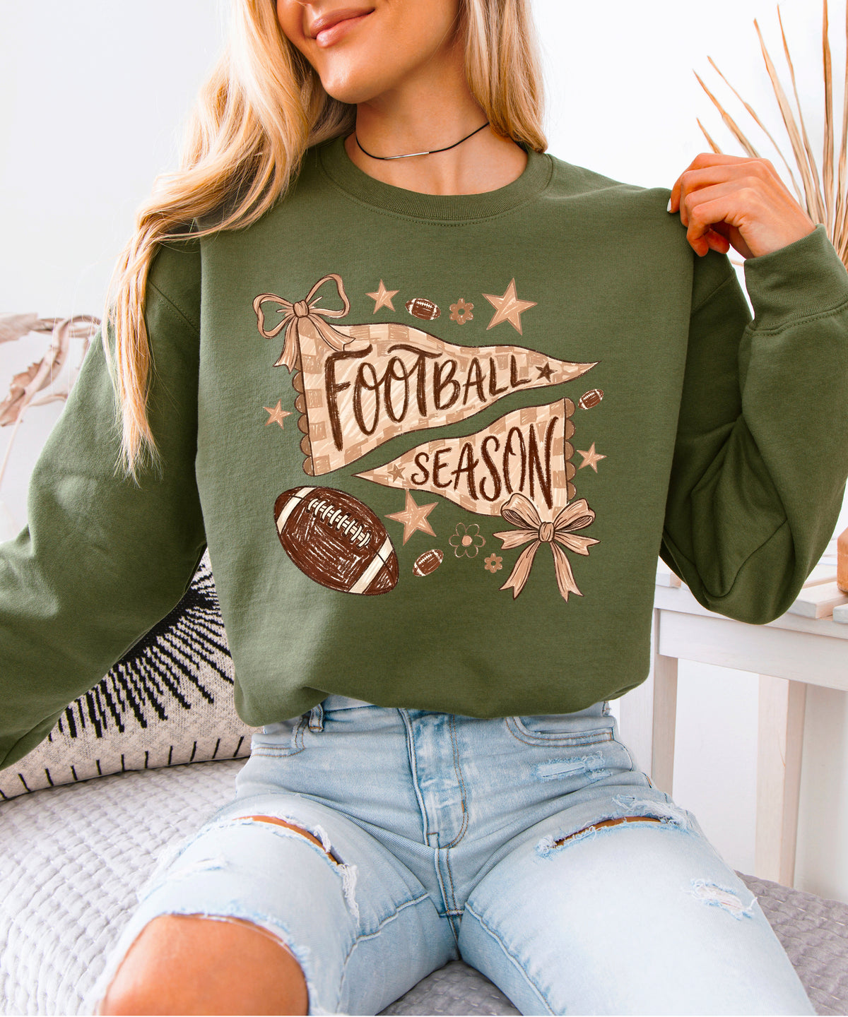 Football Season Coquette Bow Pennant Game Day Crewneck Sweatshirt - Army Green Sweatshirt view 2