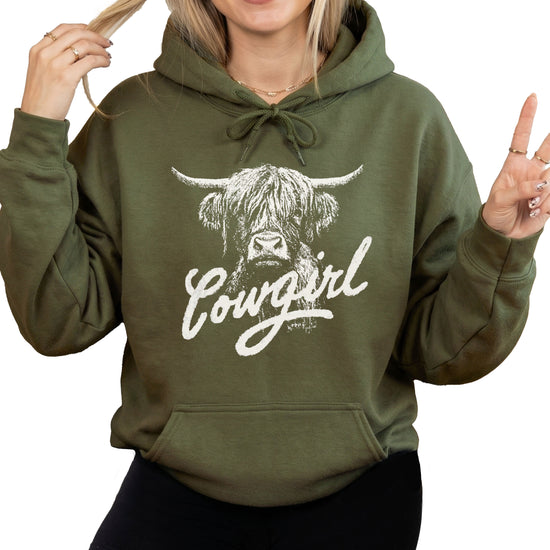Cowgirl Highland Cow Hoodie - Army Green Hoodie - Olive Loves Apple