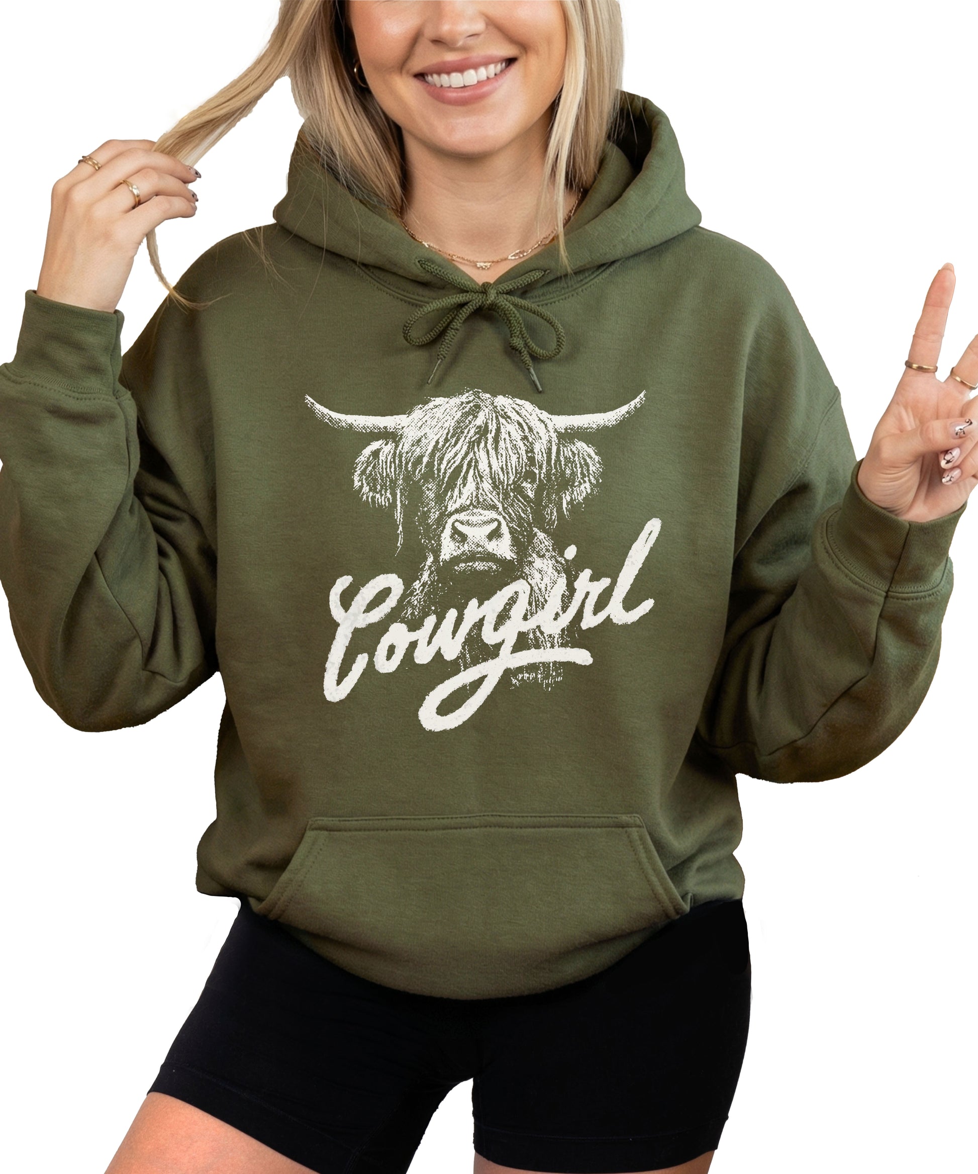 Cowgirl Highland Cow Hoodie - Army Green Hoodie - Olive Loves Apple