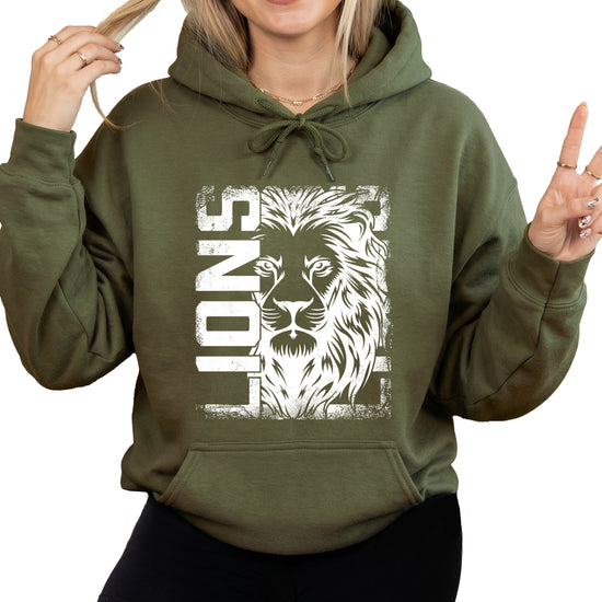 Lions School Spirit hoodie in Army Green - distressed lion mascot game day pullover sweatshirt, view 2