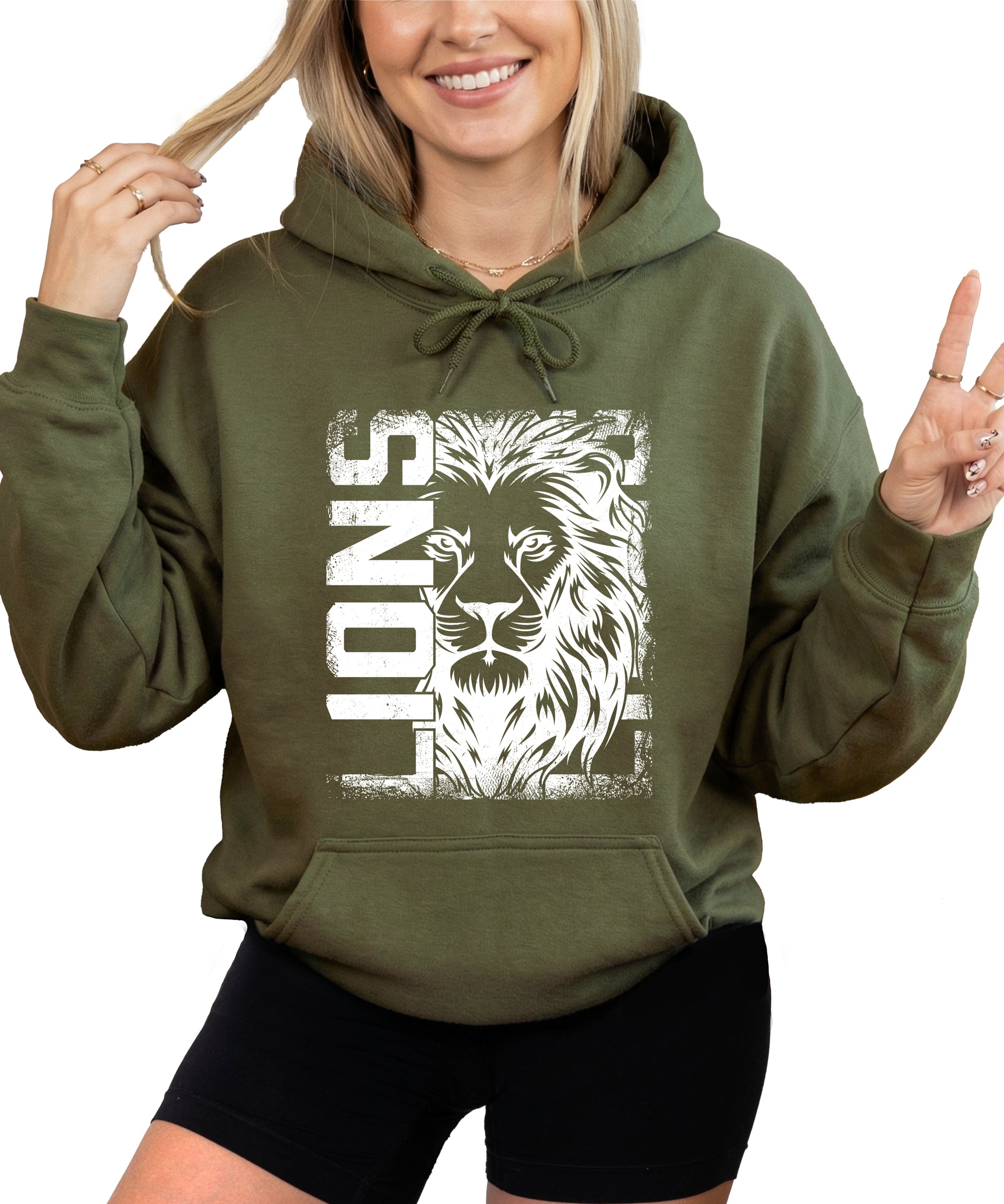 Lions School Spirit hoodie in Army Green - distressed lion mascot game day pullover sweatshirt, view 2
