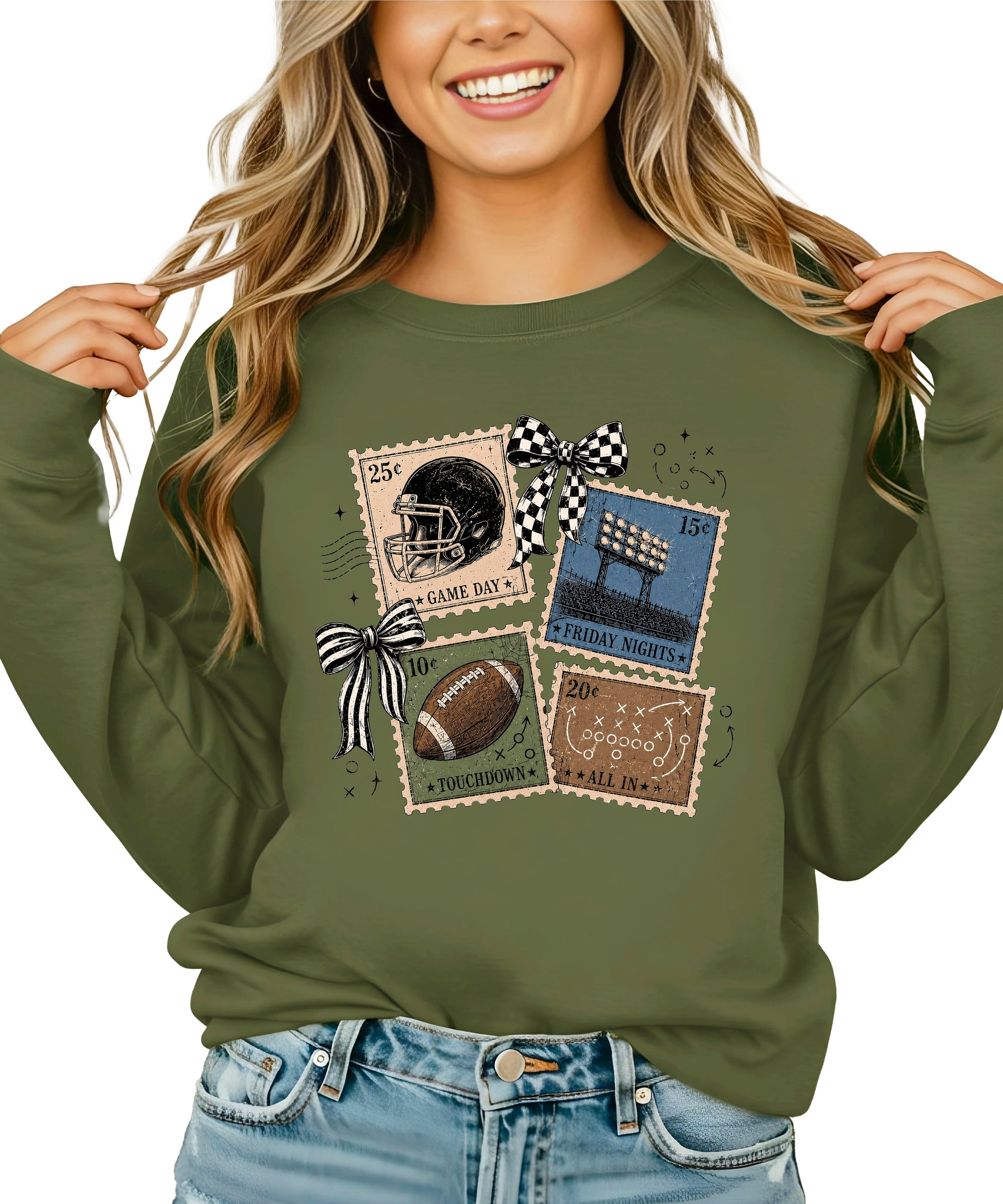 Vintage Football Army Green crewneck sweatshirt, view 2