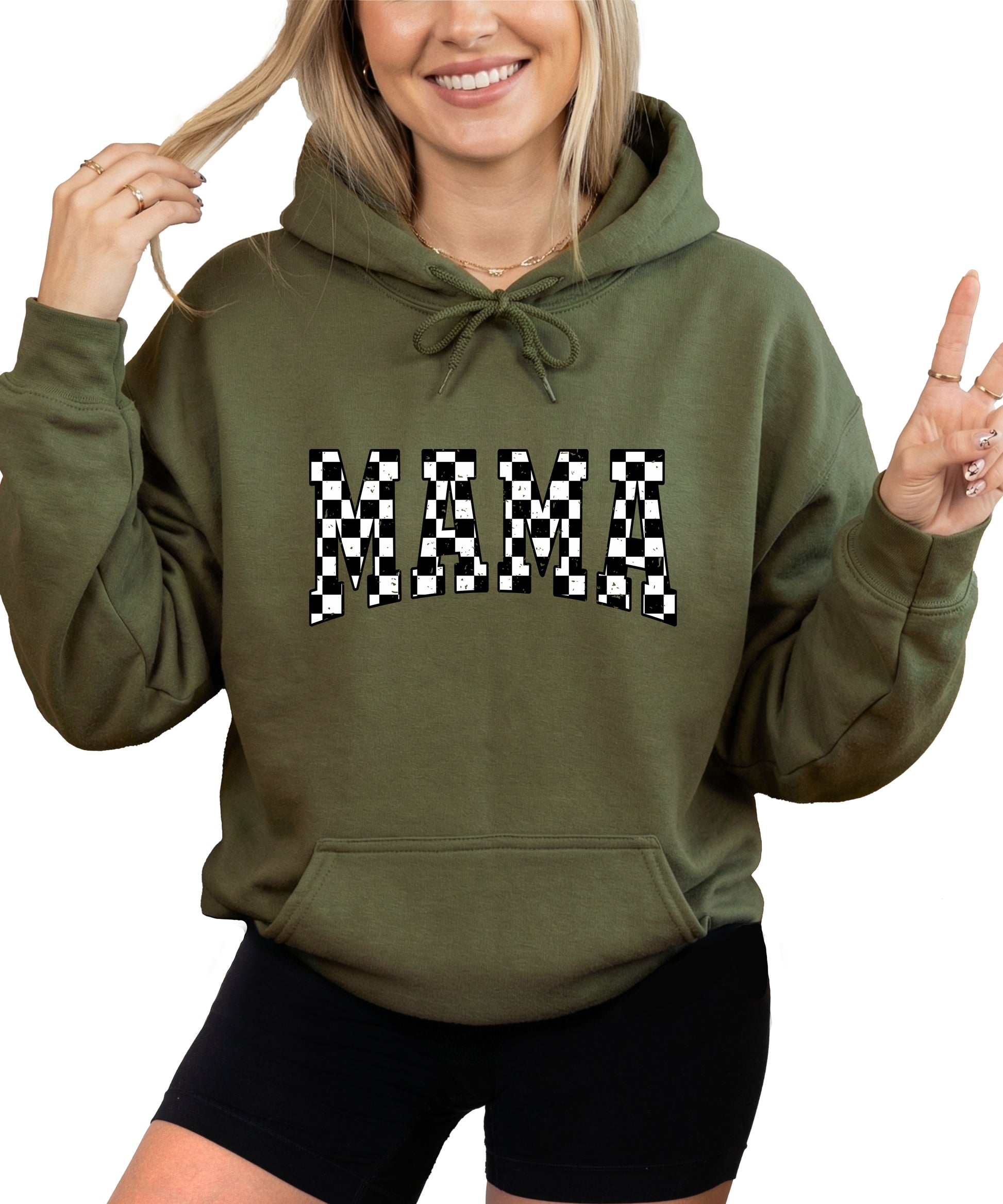 Checkered Mama hoodie for women in Army Green - view 2