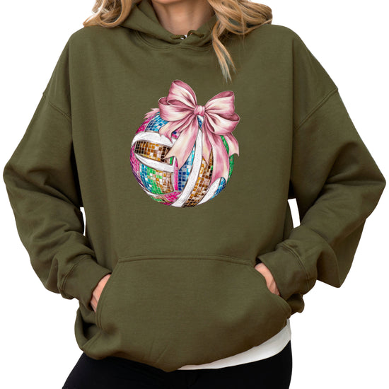 Disco Volleyball Coquette Bow Hoodie - Army Green - View 2