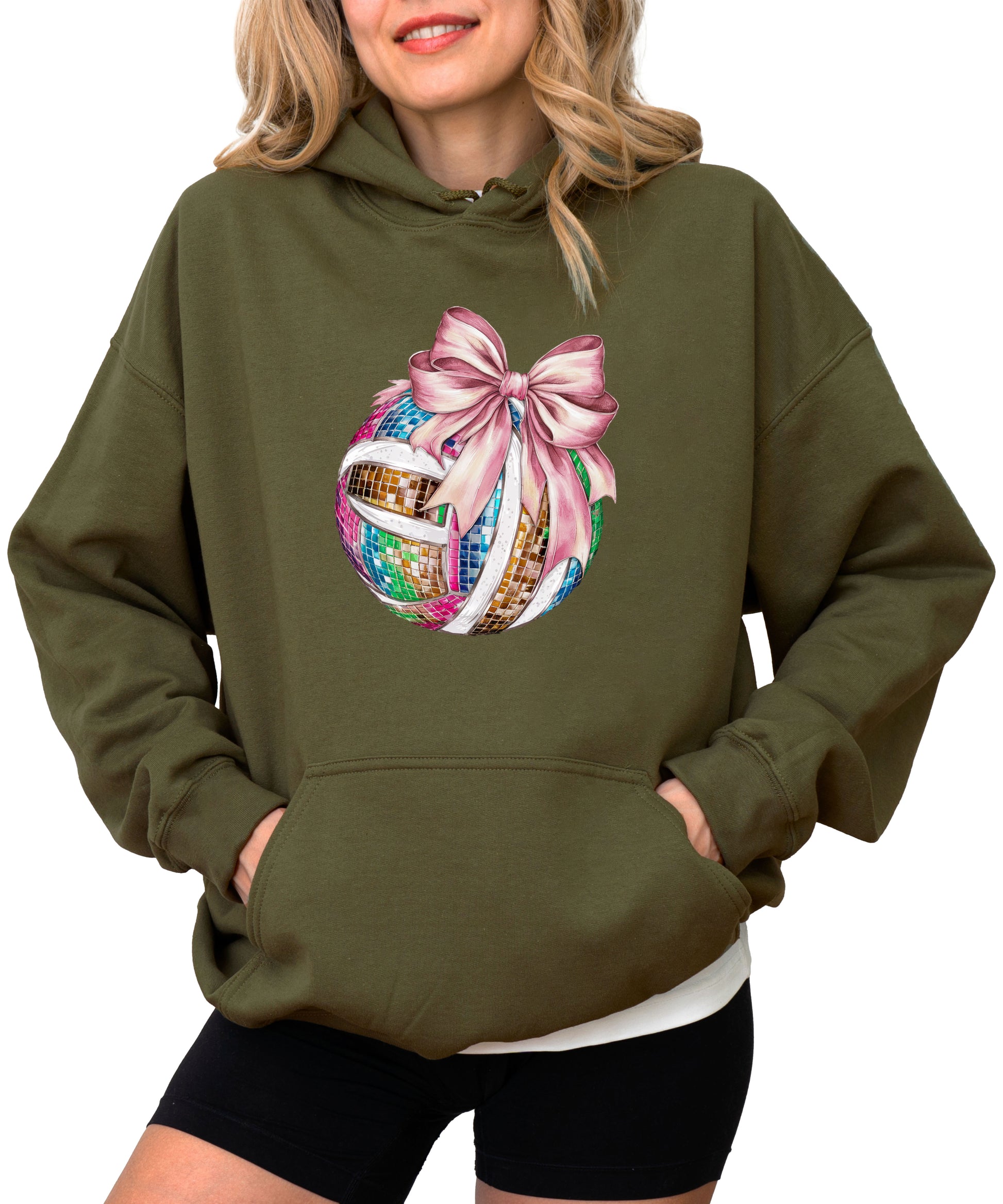 Disco Volleyball Coquette Bow Hoodie - Army Green - View 2