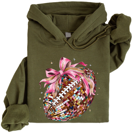 Disco Ball Football Coquette Bow Hoodie for Women, Army Green Hoodie, view 3