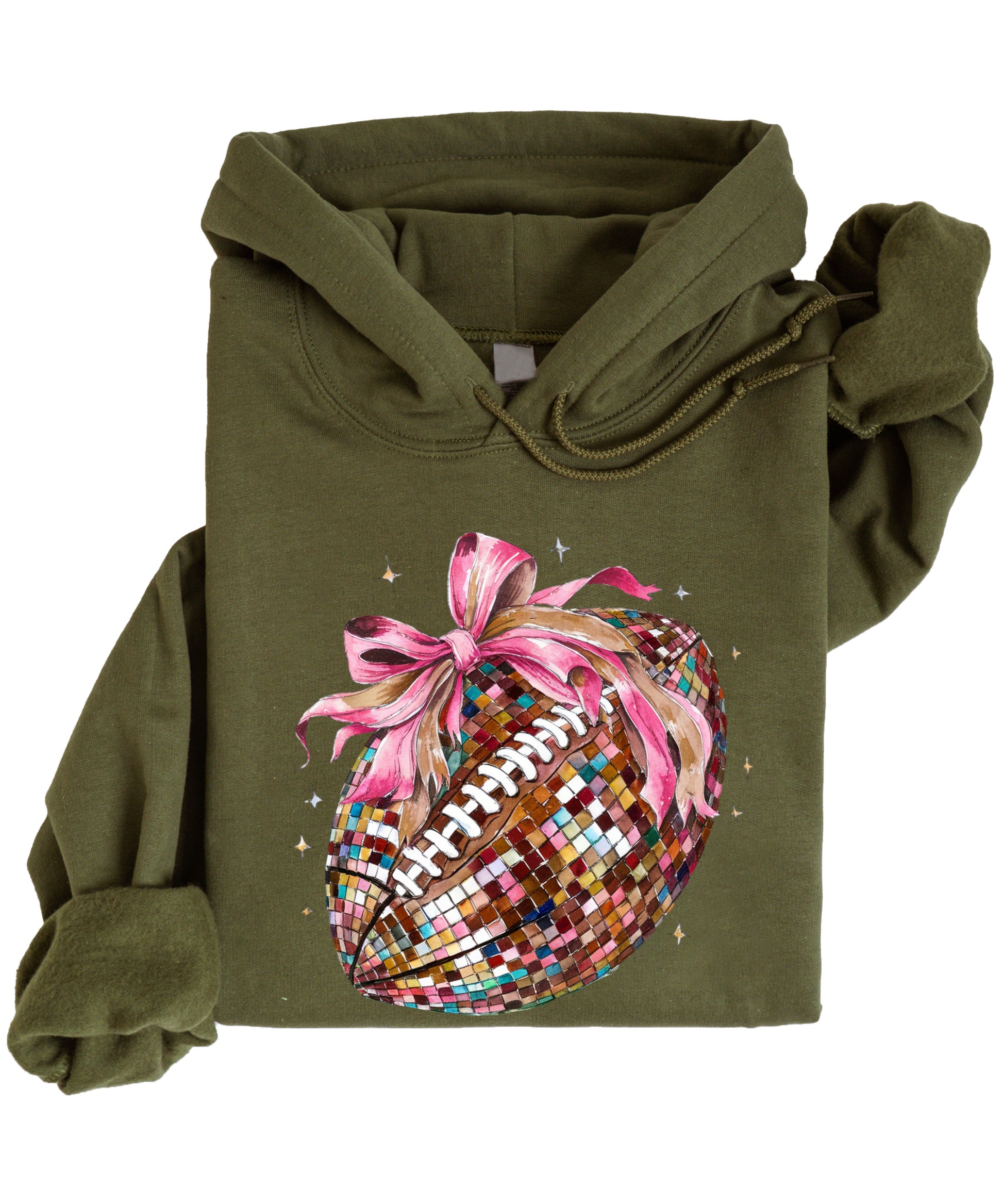 Disco Ball Football Coquette Bow Hoodie for Women, Army Green Hoodie, view 3