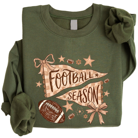 Football Season Coquette Bow Pennant Game Day Crewneck Sweatshirt - Army Green Sweatshirt view 3