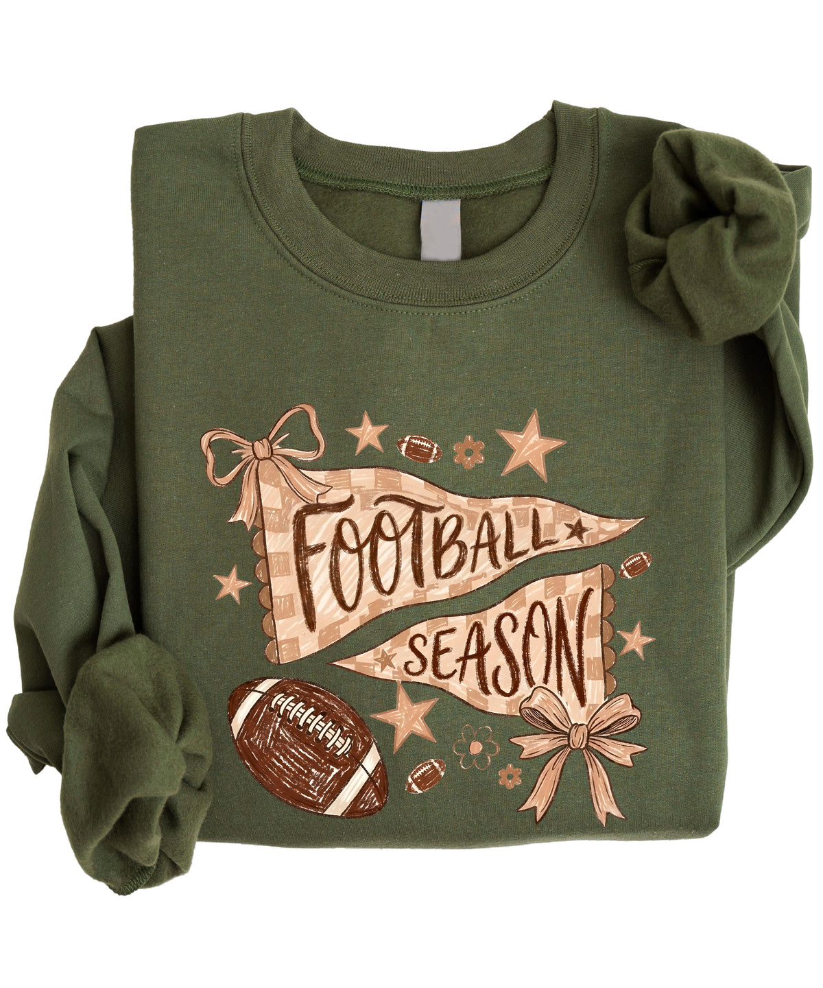Football Season Coquette Bow Pennant Game Day Crewneck Sweatshirt - Army Green Sweatshirt view 3