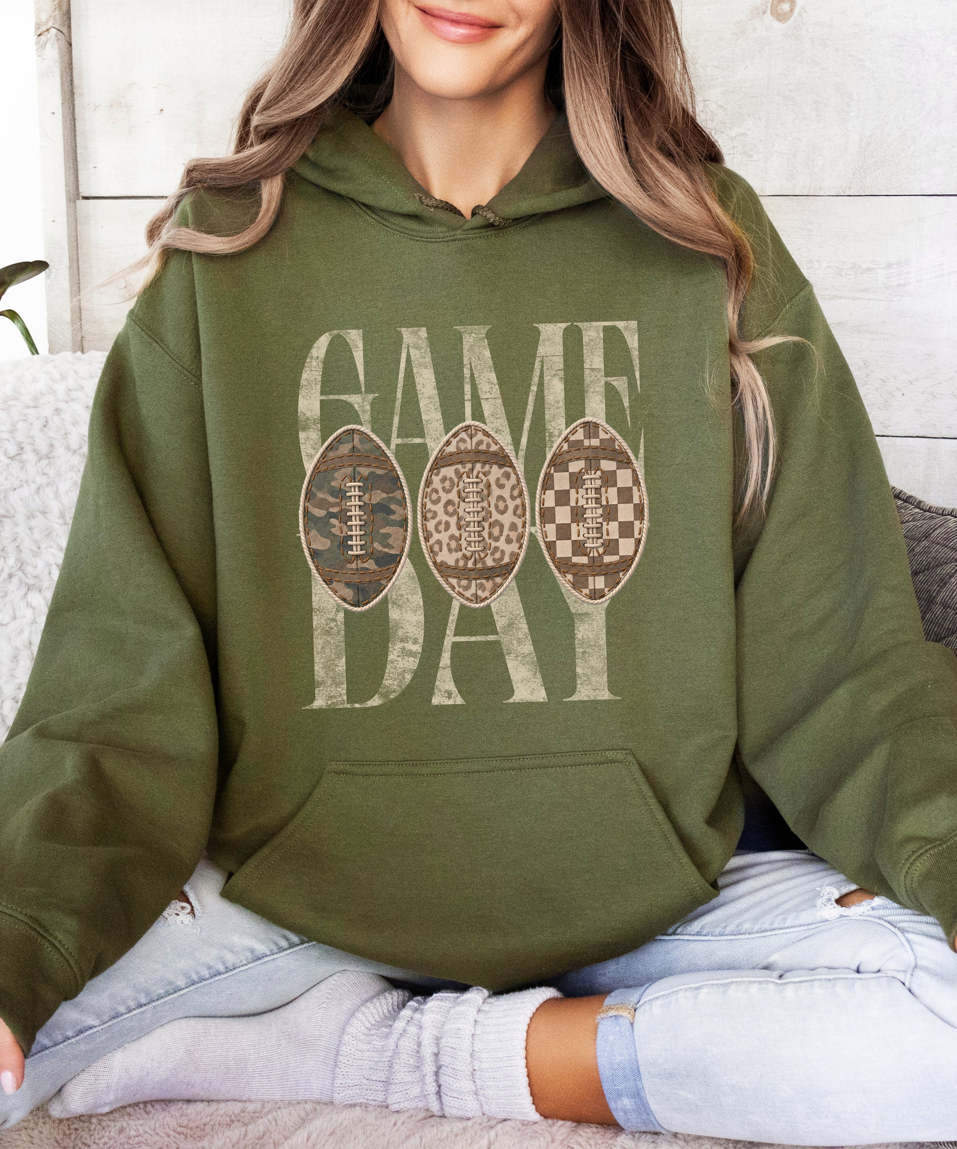 Army Green Game Day football hoodie, detail view