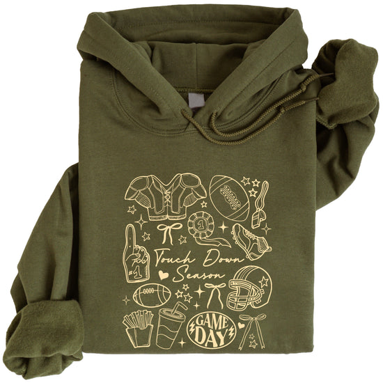 Army Green Touch Down Season football hoodie styled on model