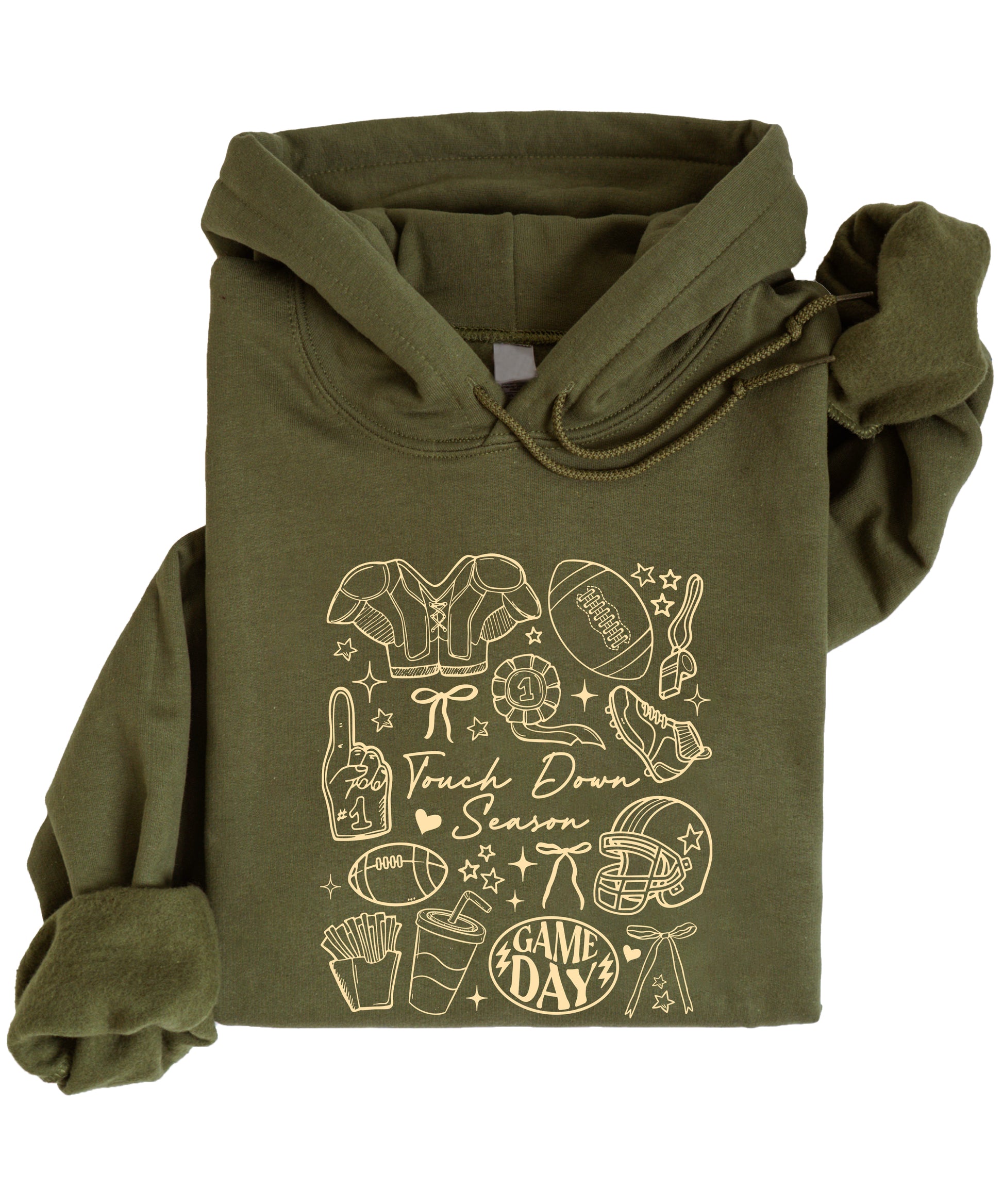 Army Green Touch Down Season football hoodie styled on model
