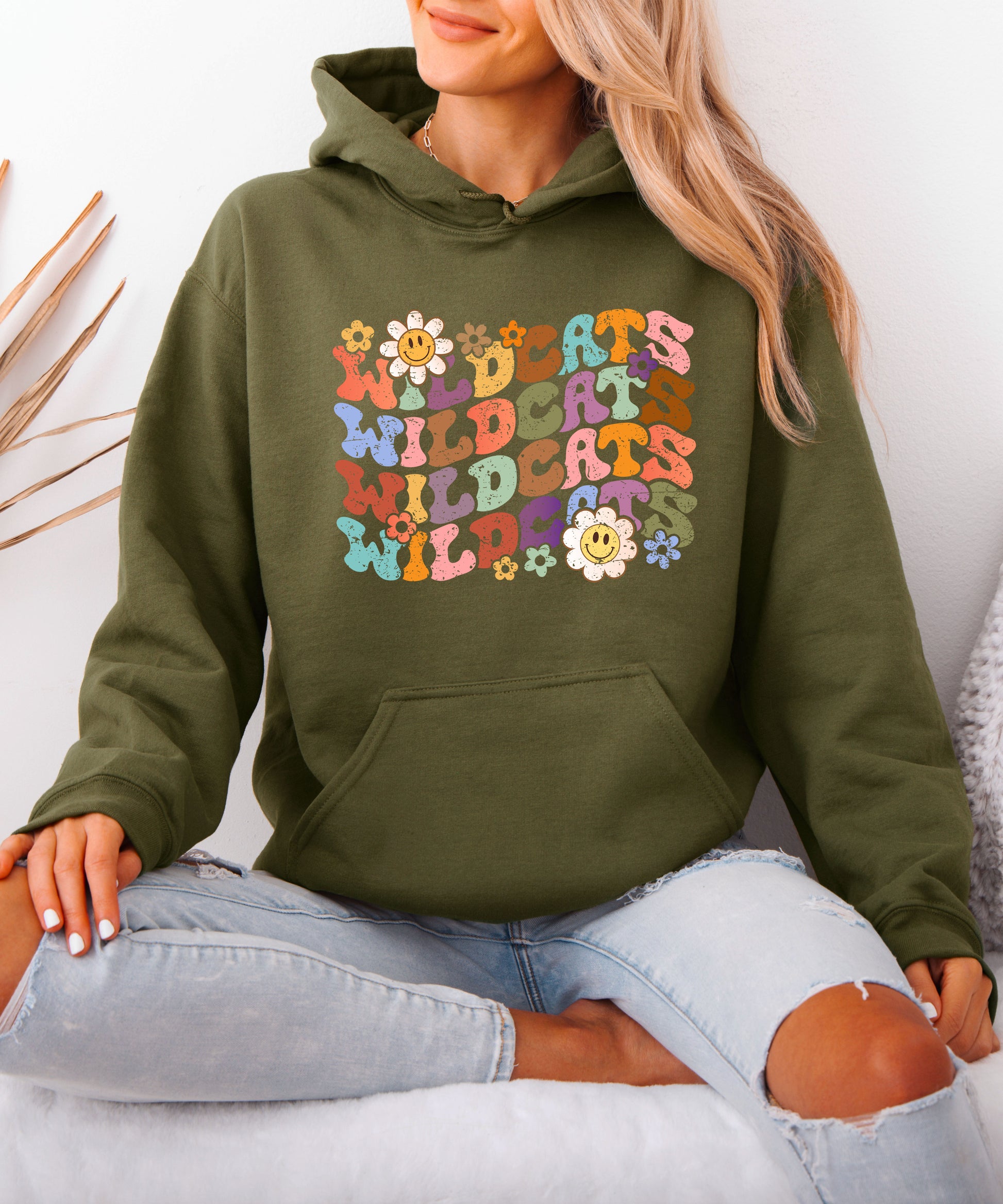Wildcats Retro Floral Hoodie - Army Green view 3