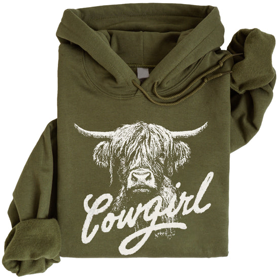 Cowgirl Highland Cow Hoodie - Army Green Hoodie - Olive Loves Apple